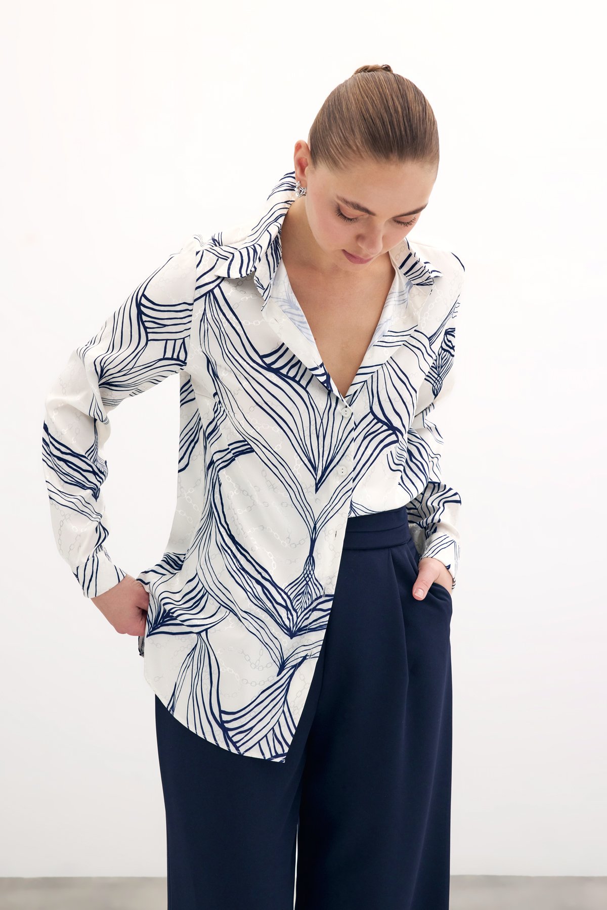 Desenli Saten Gömlek - Sax Mavi