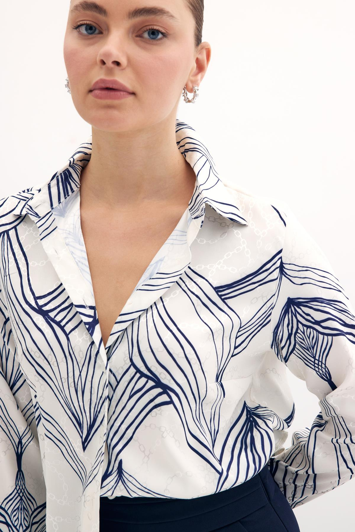 Desenli Saten Gömlek - Sax Mavi