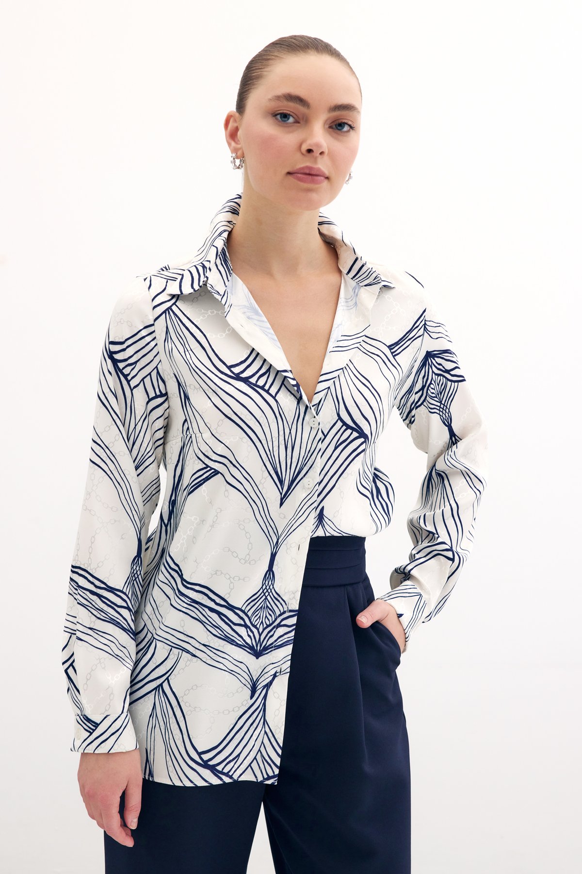 Desenli Saten Gömlek - Sax Mavi