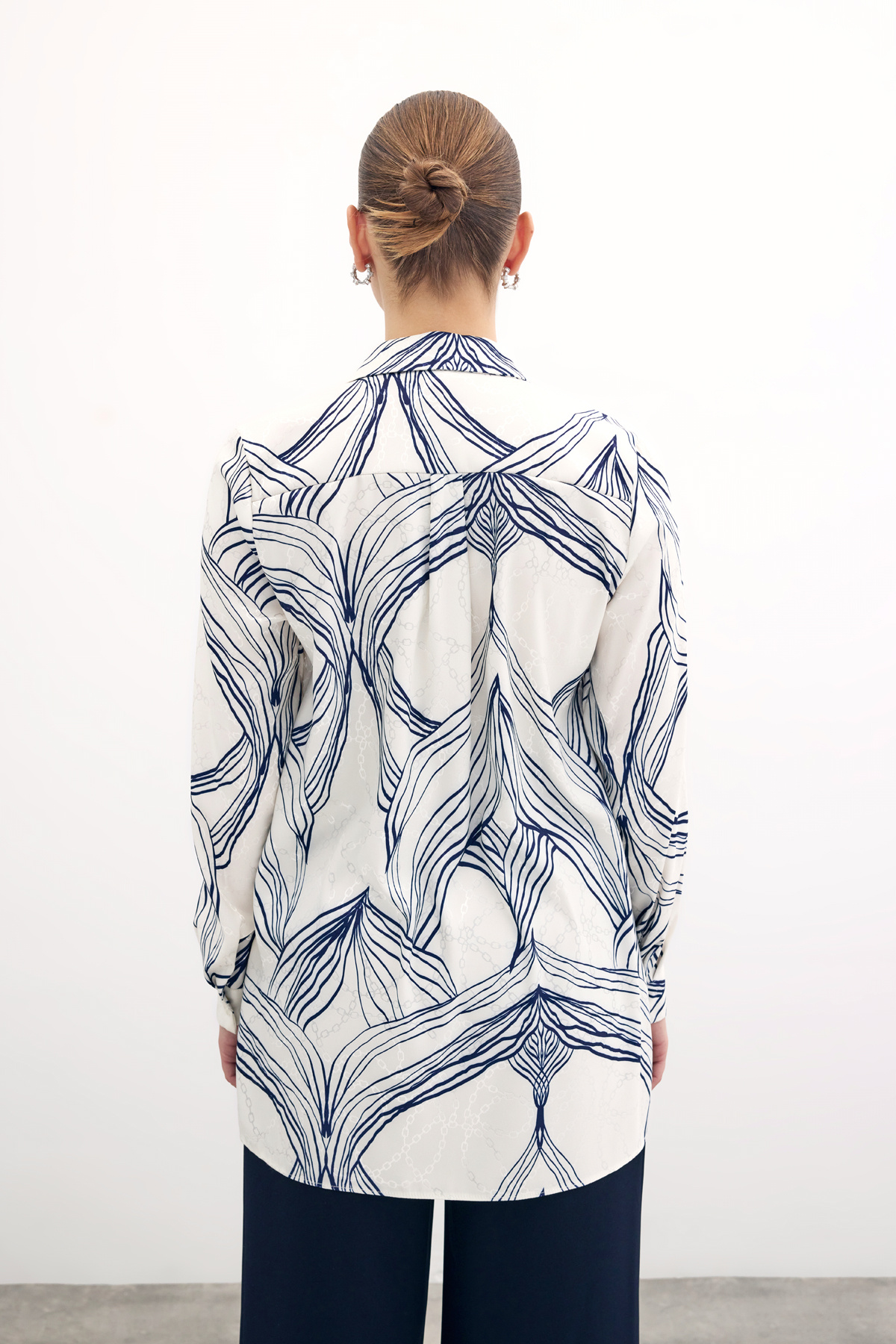 Desenli Saten Gömlek - Sax Mavi