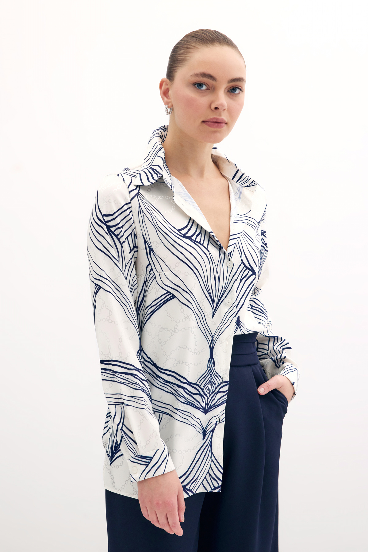 Desenli Saten Gömlek - Sax Mavi