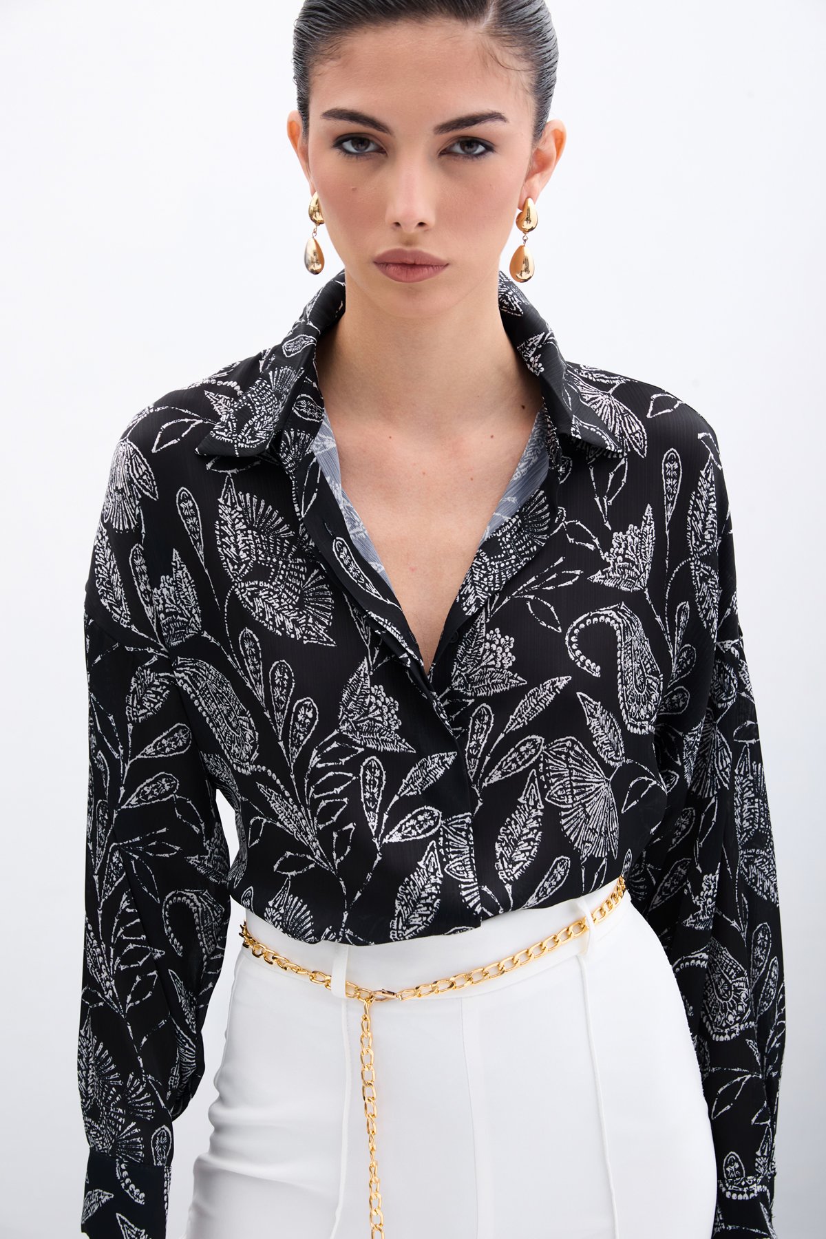 Desenli Saten Gömlek - Siyah