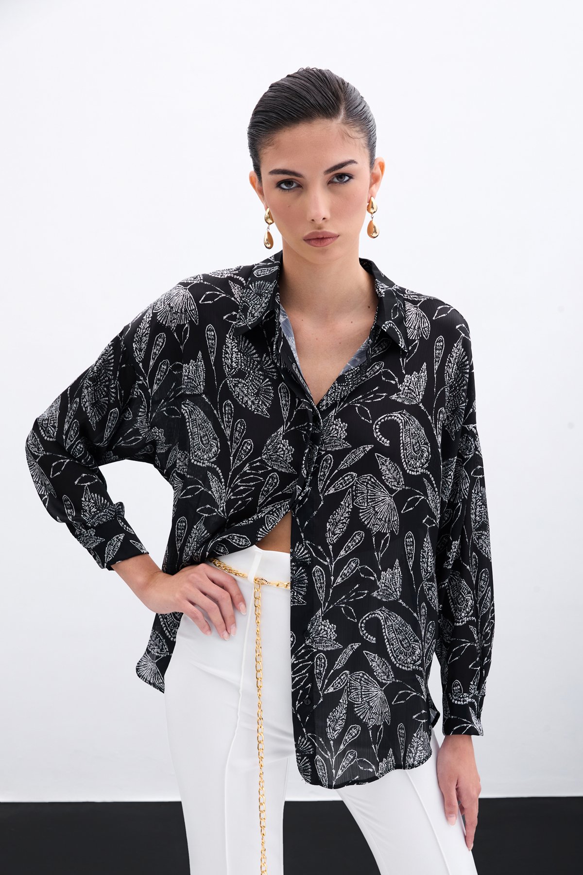 Desenli Saten Gömlek - Siyah