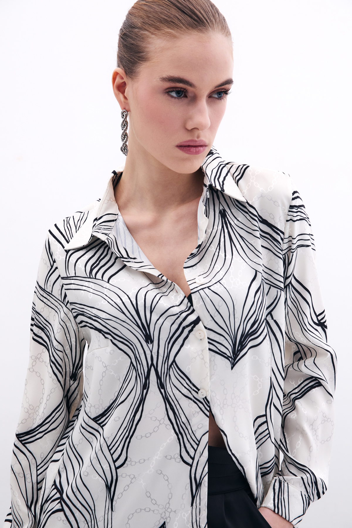 Desenli Saten Gömlek - Siyah