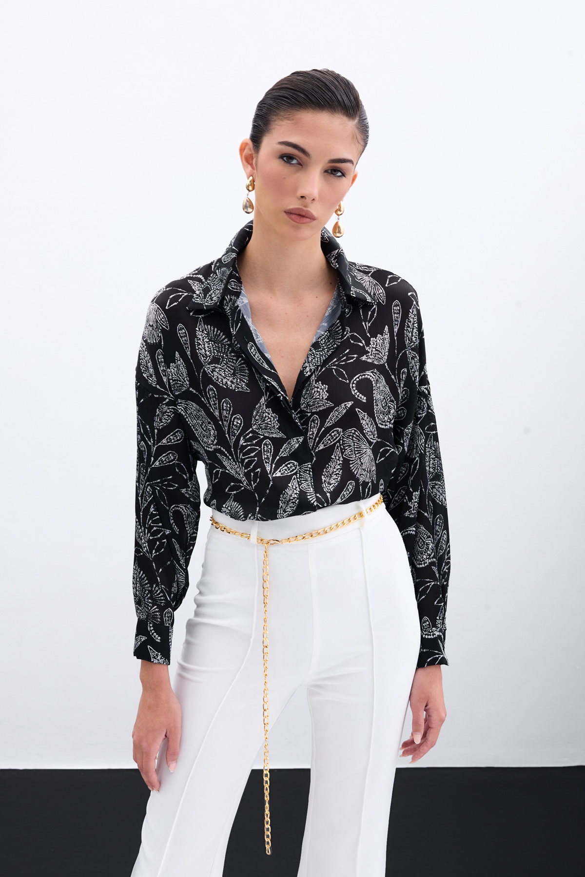 Desenli Saten Gömlek - Siyah