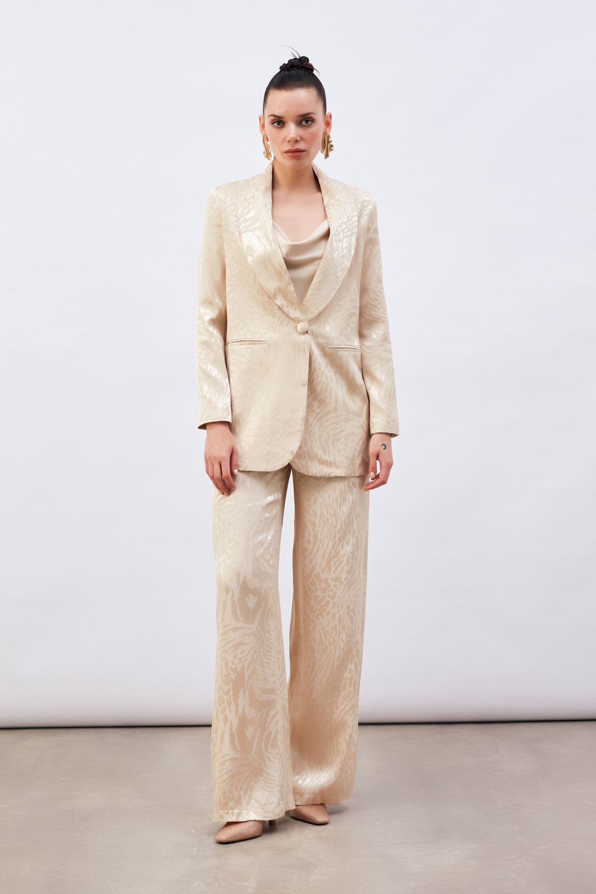 Desenli Saten Pantolon - BEJ