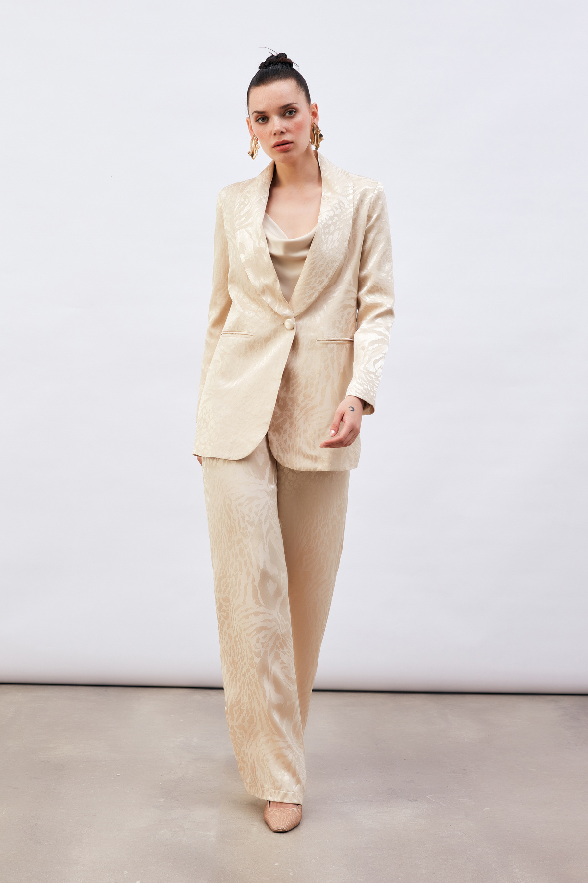 Desenli Saten Pantolon - BEJ