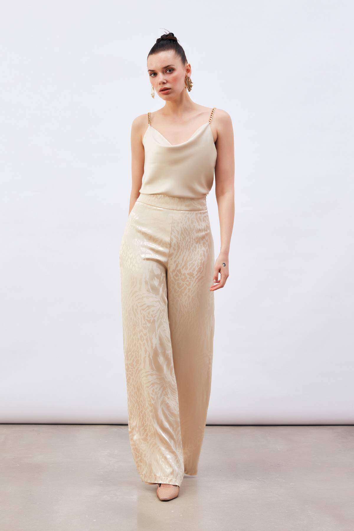 Desenli Saten Pantolon - BEJ