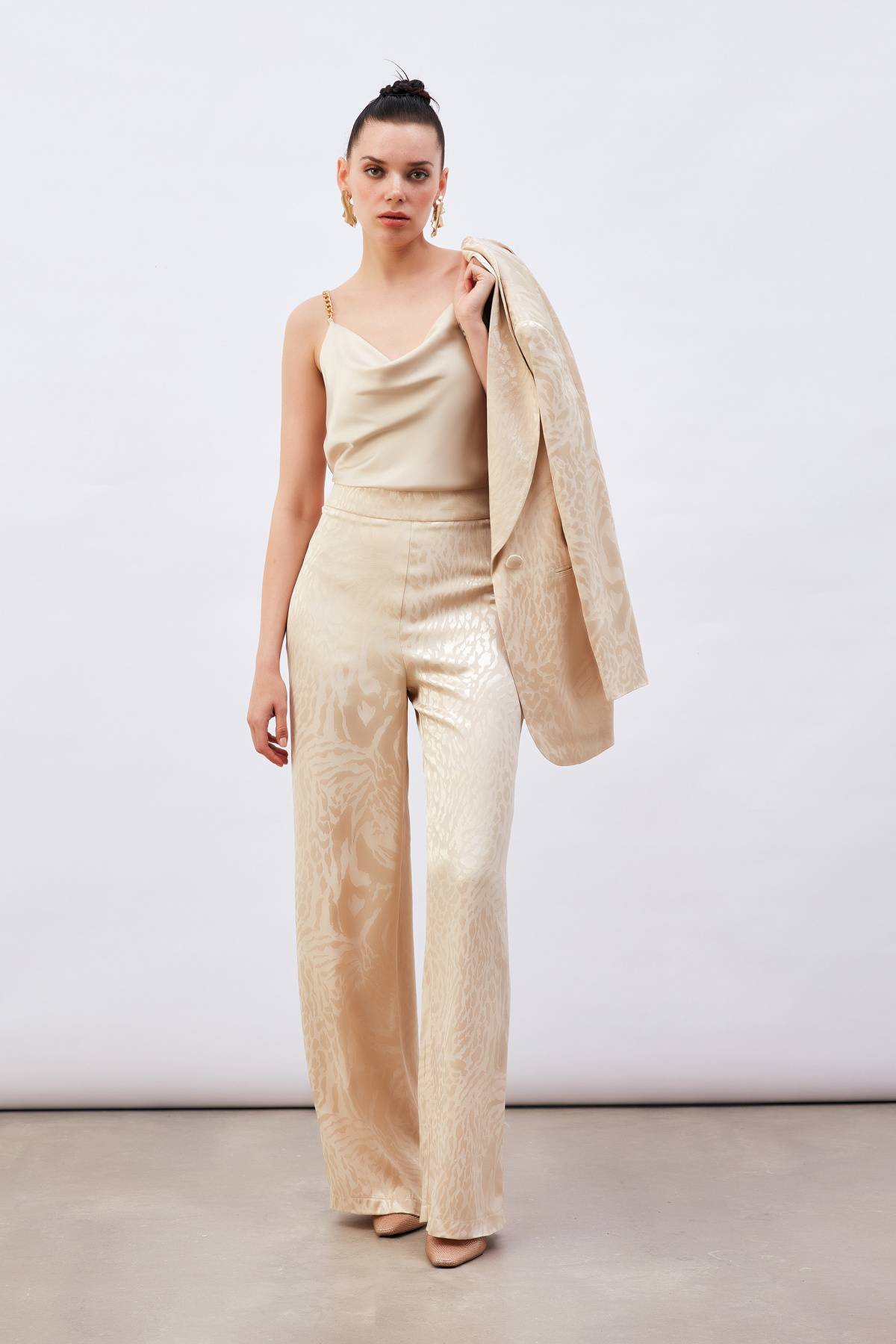 Desenli Saten Pantolon - BEJ