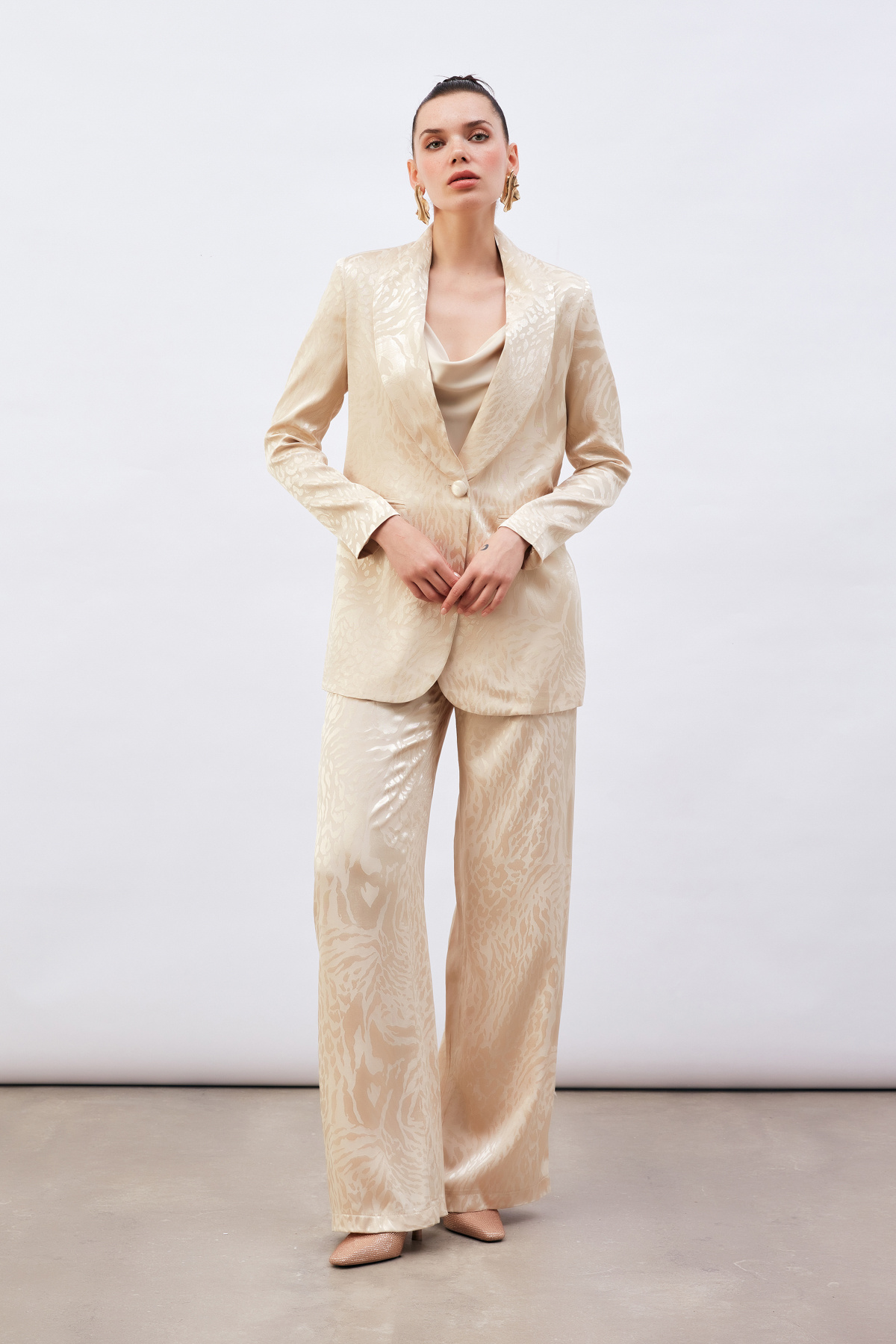 Desenli Saten Pantolon - BEJ