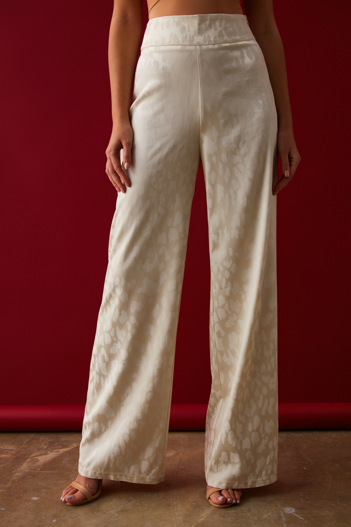 Desenli Saten Pantolon - EKRU