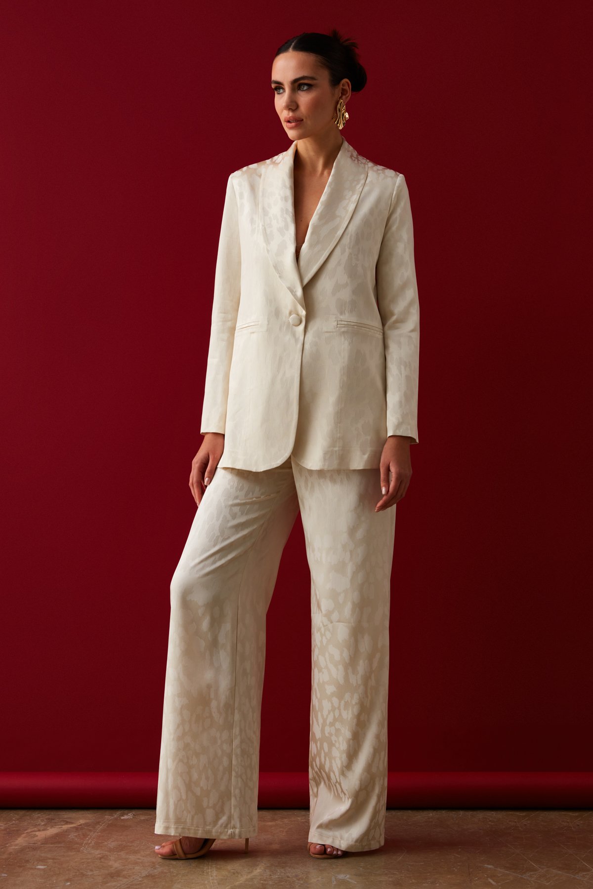 Desenli Saten Pantolon - EKRU