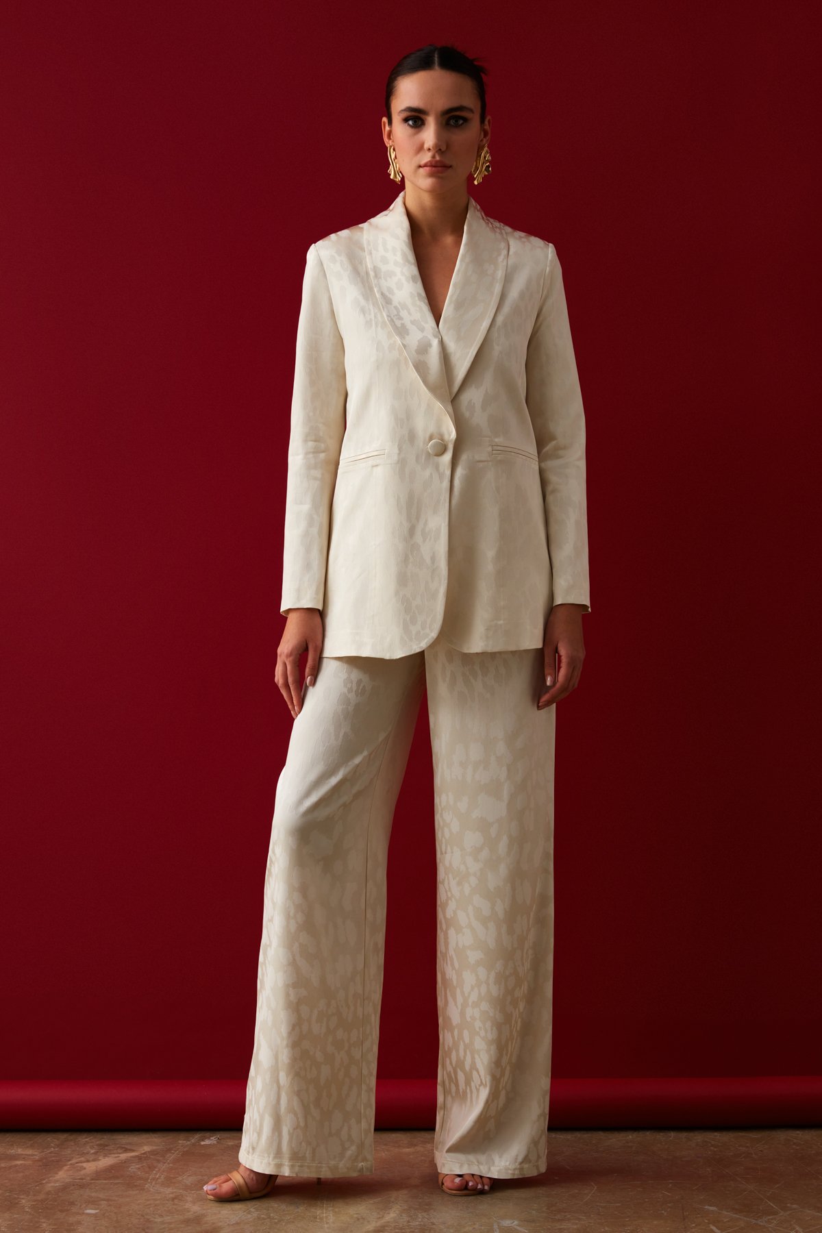 Desenli Saten Pantolon - EKRU