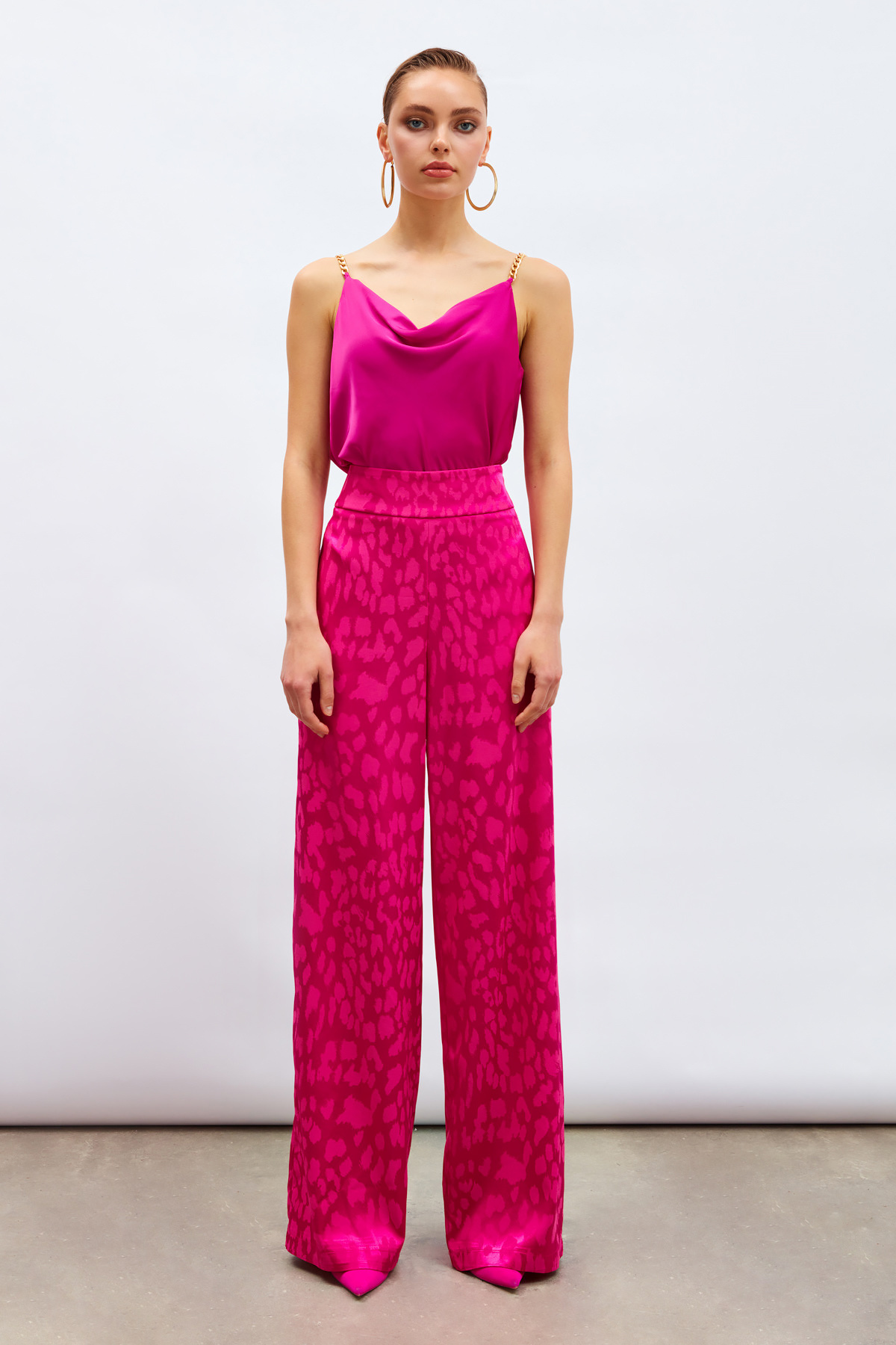 Desenli Saten Pantolon - FUŞYA