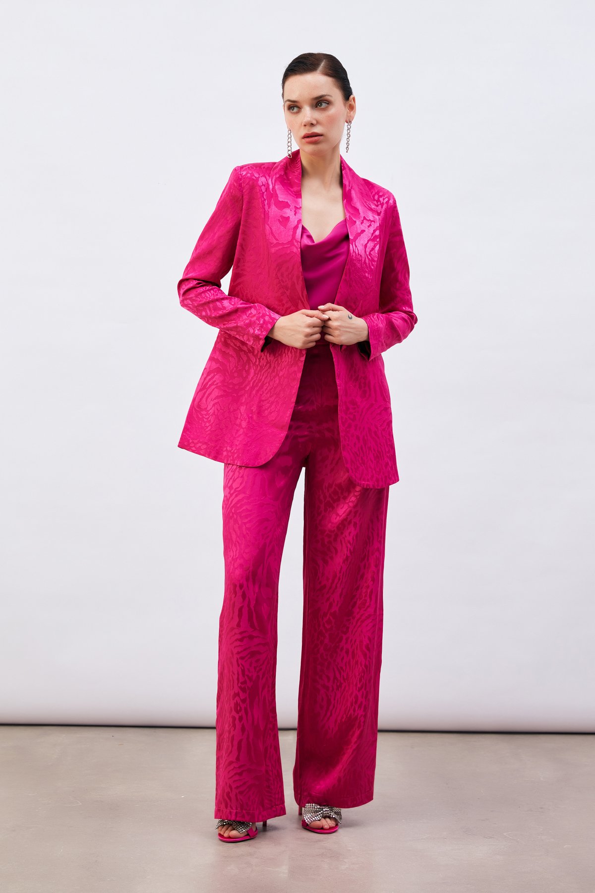 Desenli Saten Pantolon - FUŞYA