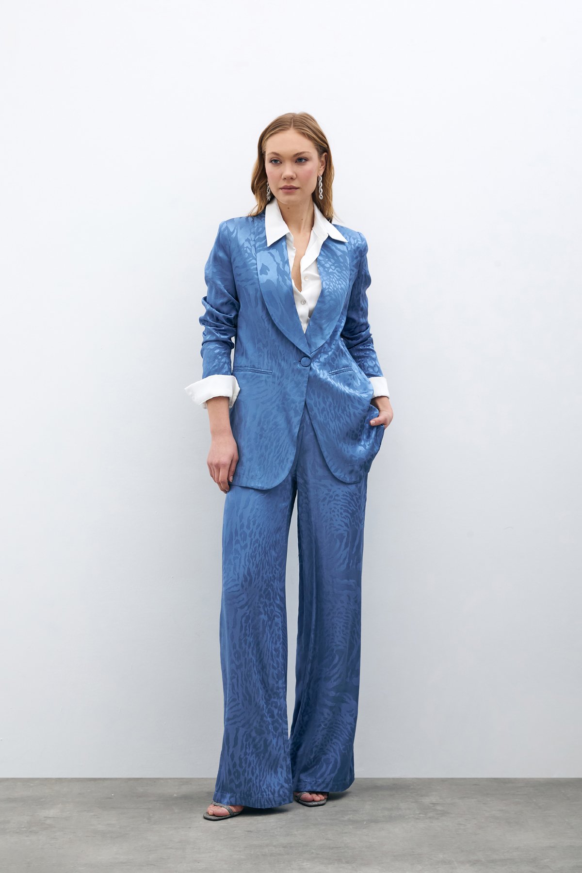 Desenli Saten Pantolon - İNDİGO