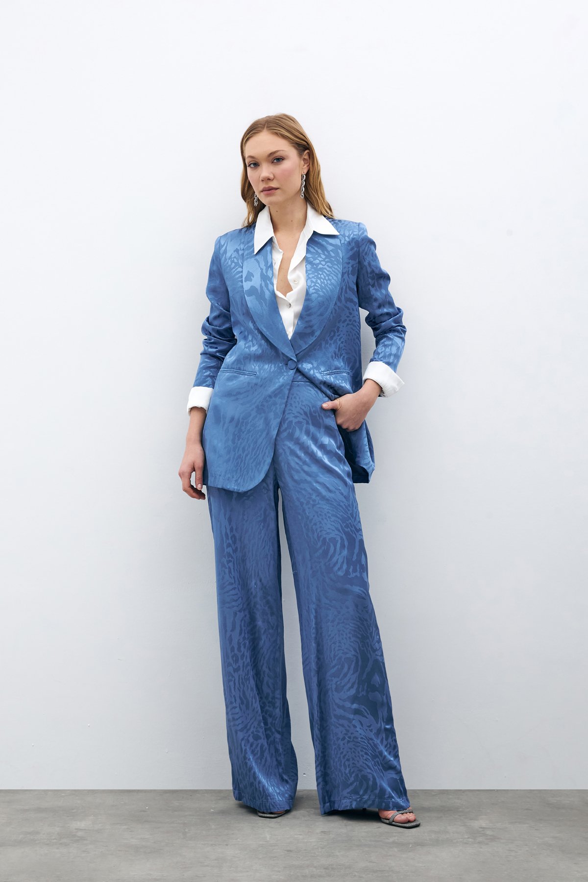 Desenli Saten Pantolon - İNDİGO