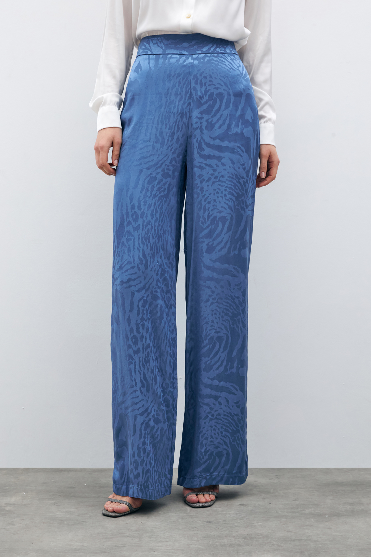 Desenli Saten Pantolon - İNDİGO