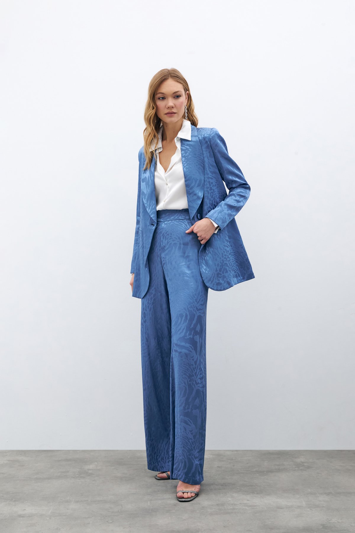 Desenli Saten Pantolon - İNDİGO