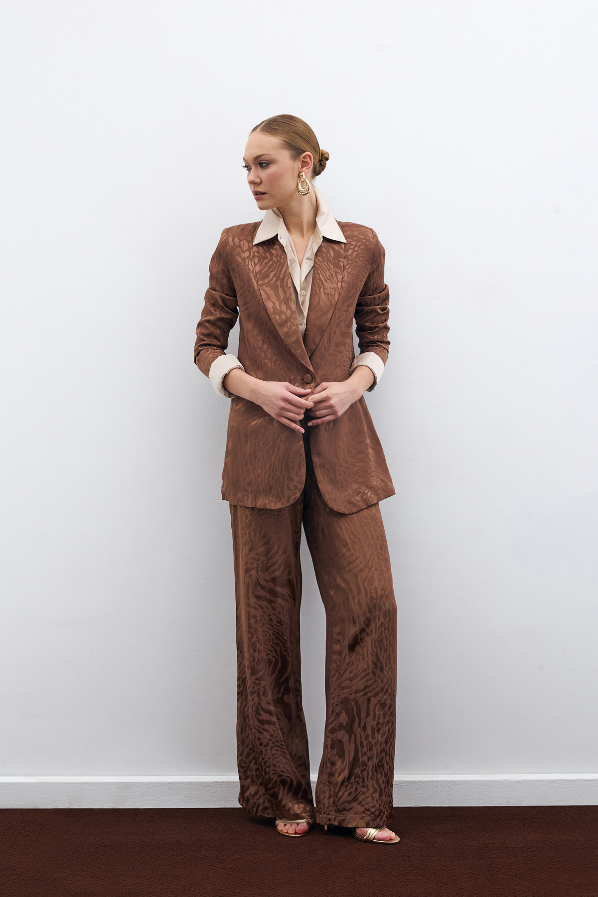 Desenli Saten Pantolon - Kahve