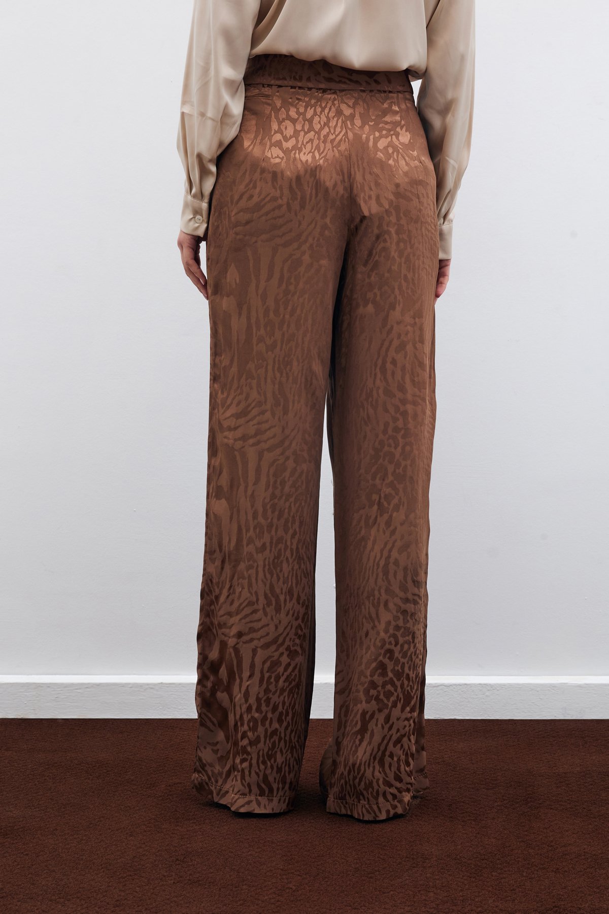 Desenli Saten Pantolon - Kahve