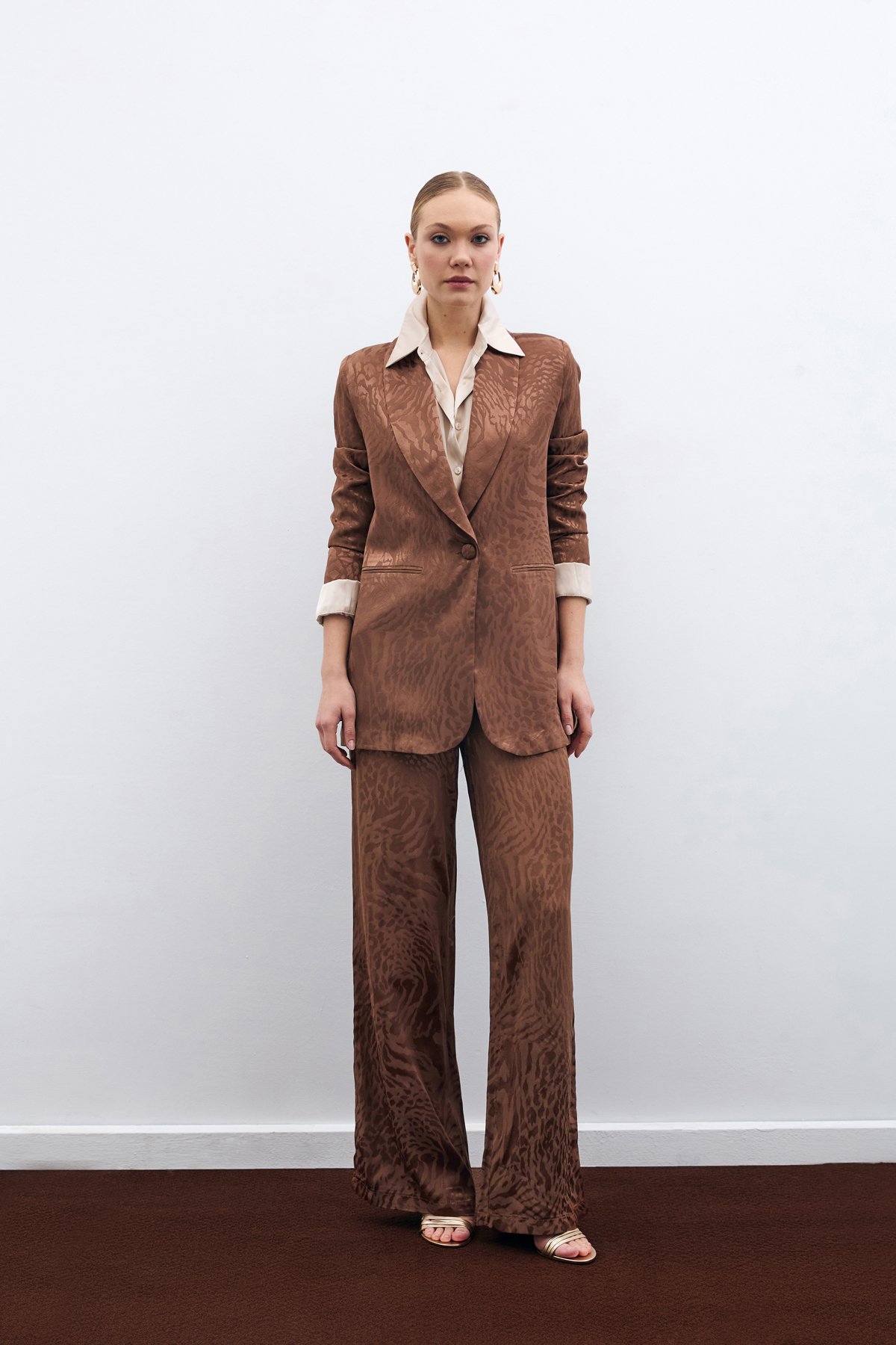 Desenli Saten Pantolon - Kahve