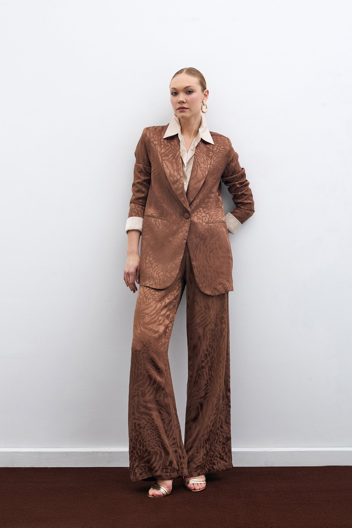 Desenli Saten Pantolon - Kahve