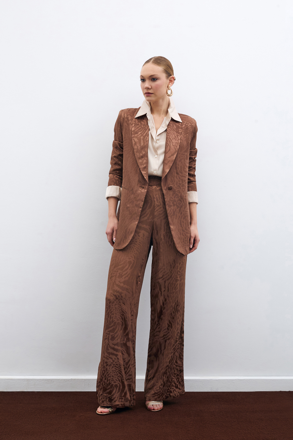 Desenli Saten Pantolon - Kahve