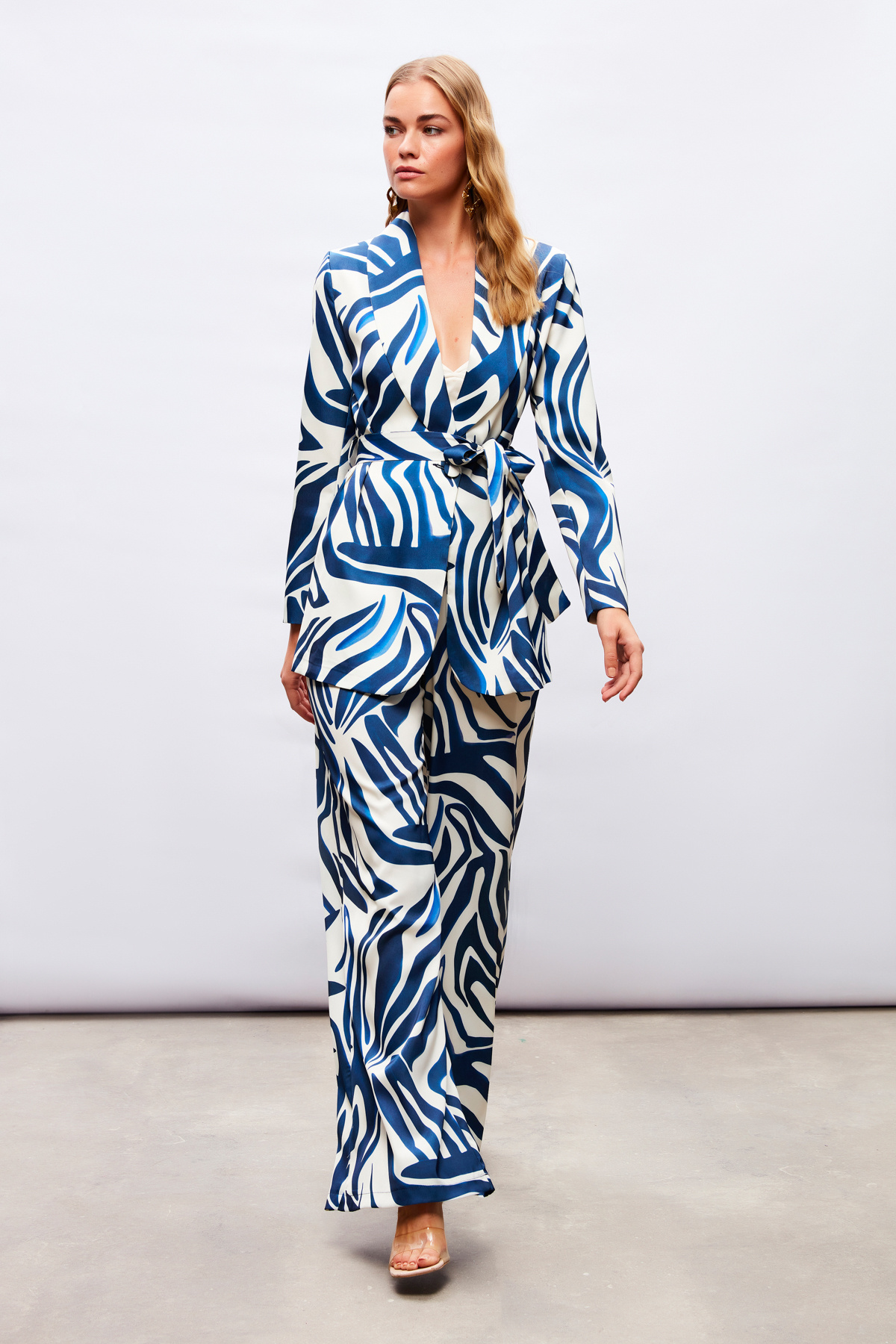 Desenli Saten Pantolon - MAVİ