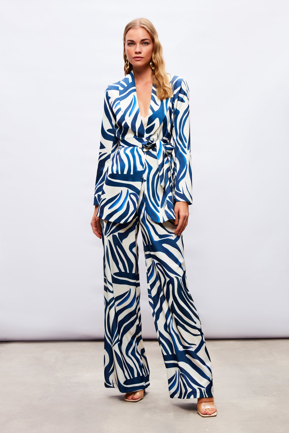 Desenli Saten Pantolon - MAVİ