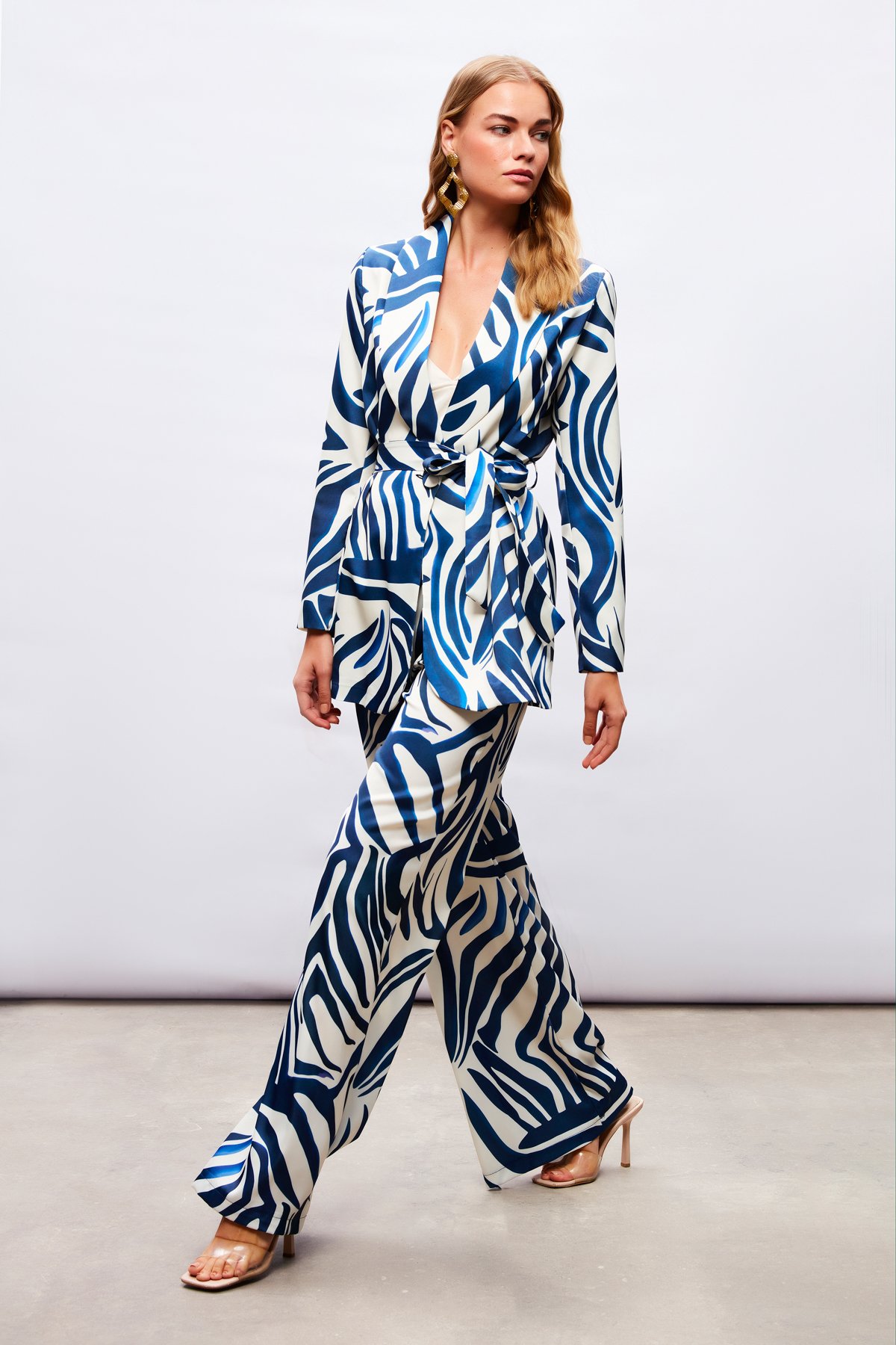 Desenli Saten Pantolon - MAVİ