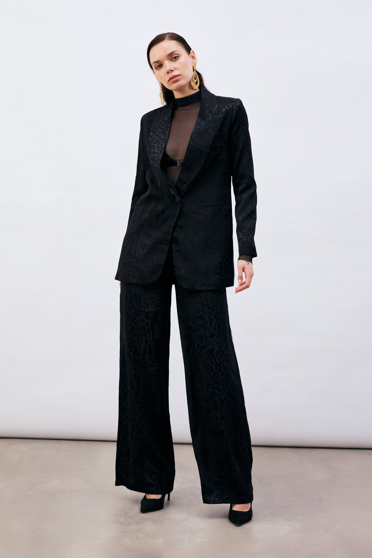 Desenli Saten Pantolon - SİYAH