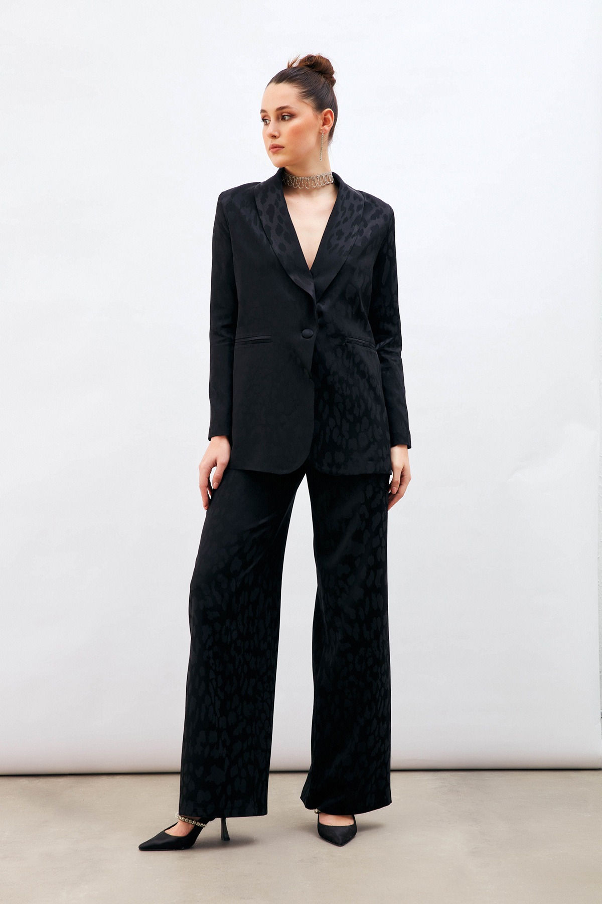 Desenli Saten Pantolon - SİYAH