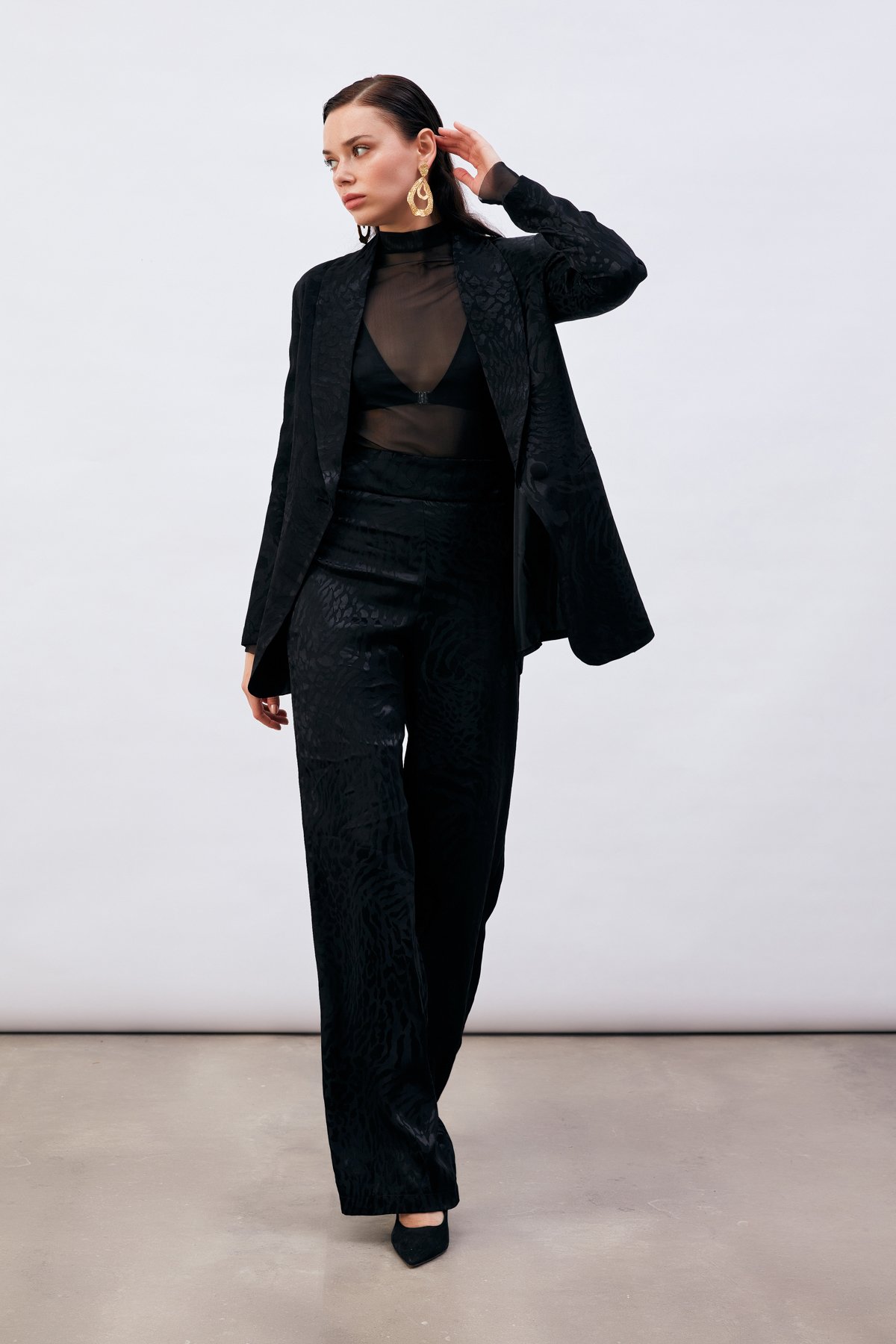 Desenli Saten Pantolon - SİYAH