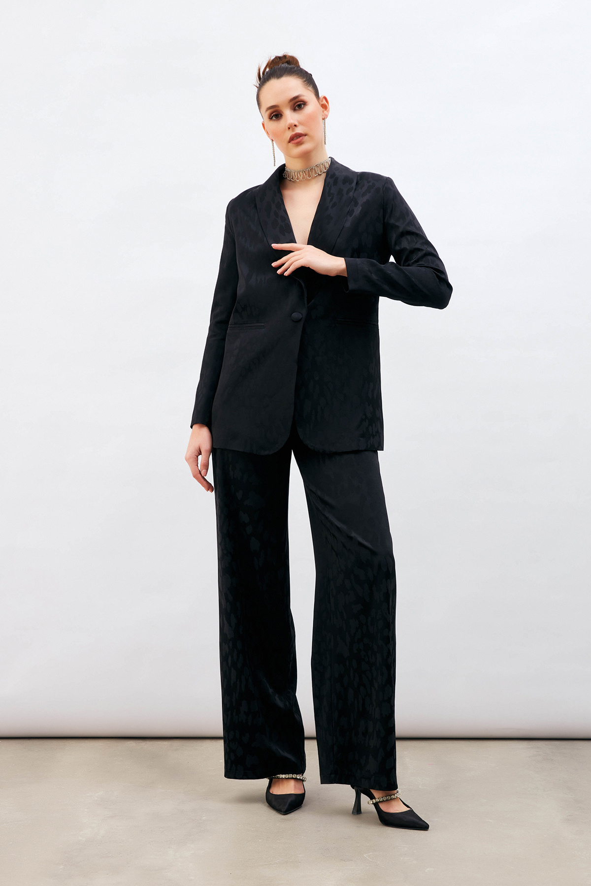 Desenli Saten Pantolon - SİYAH