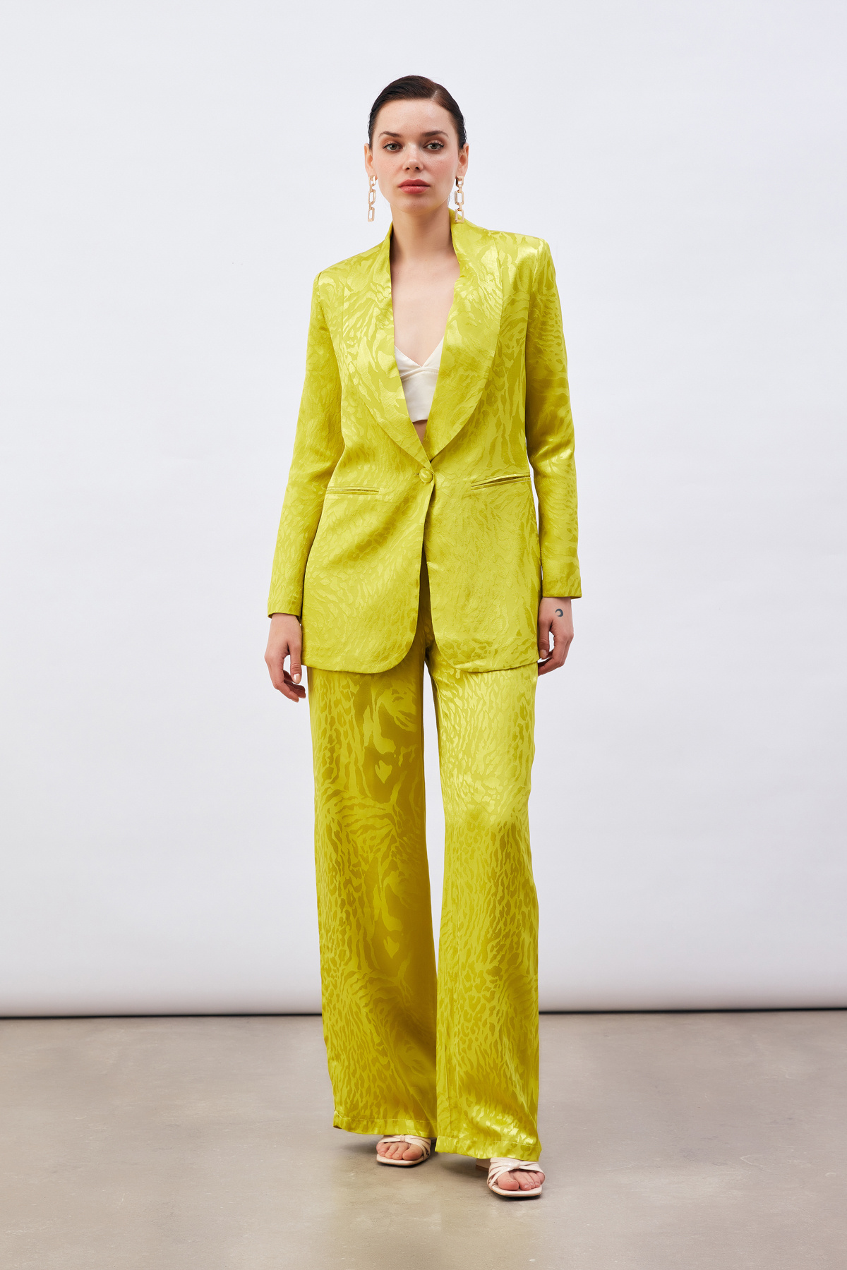 Desenli Saten Pantolon - YAĞ YEŞİLİ