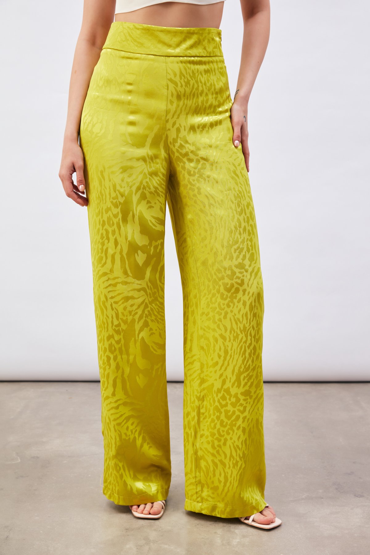 Desenli Saten Pantolon - YAĞ YEŞİLİ