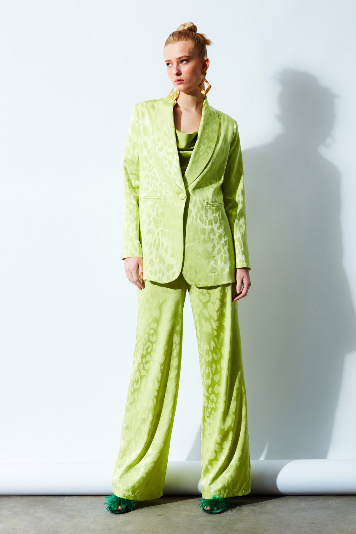 Desenli Saten Pantolon - YAĞ YEŞİLİ