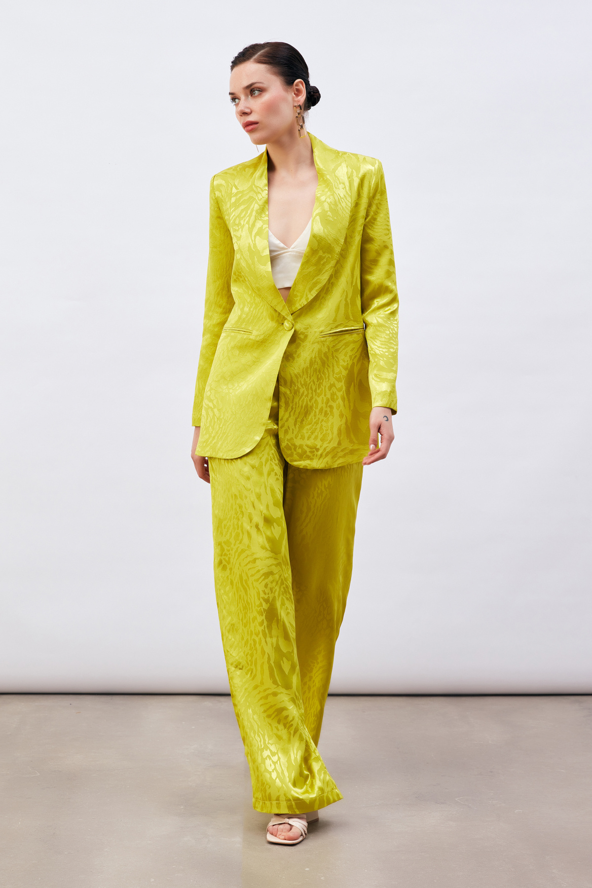 Desenli Saten Pantolon - YAĞ YEŞİLİ