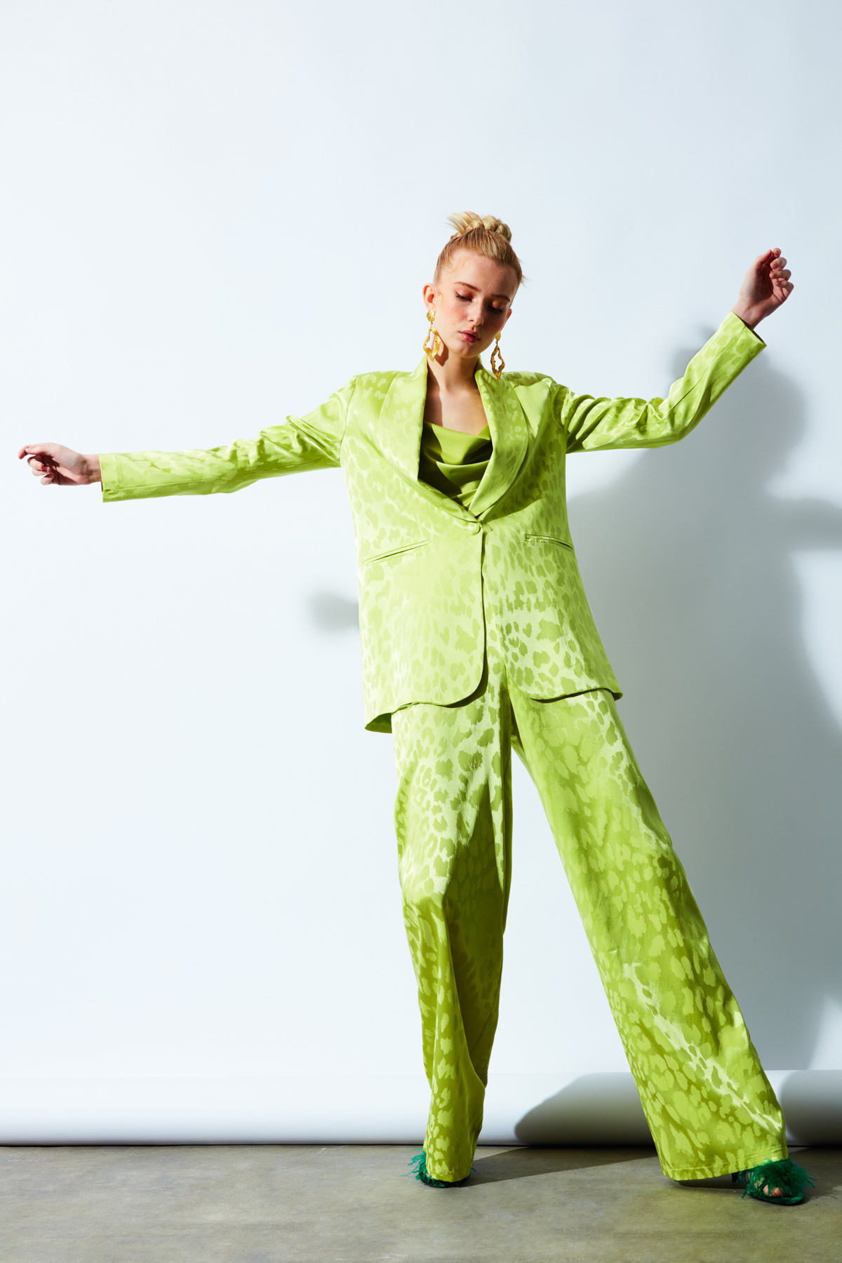 Desenli Saten Pantolon - YAĞ YEŞİLİ