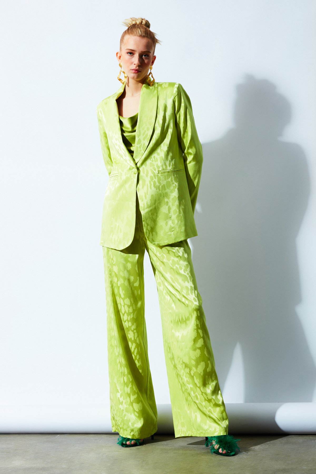 Desenli Saten Pantolon - YAĞ YEŞİLİ