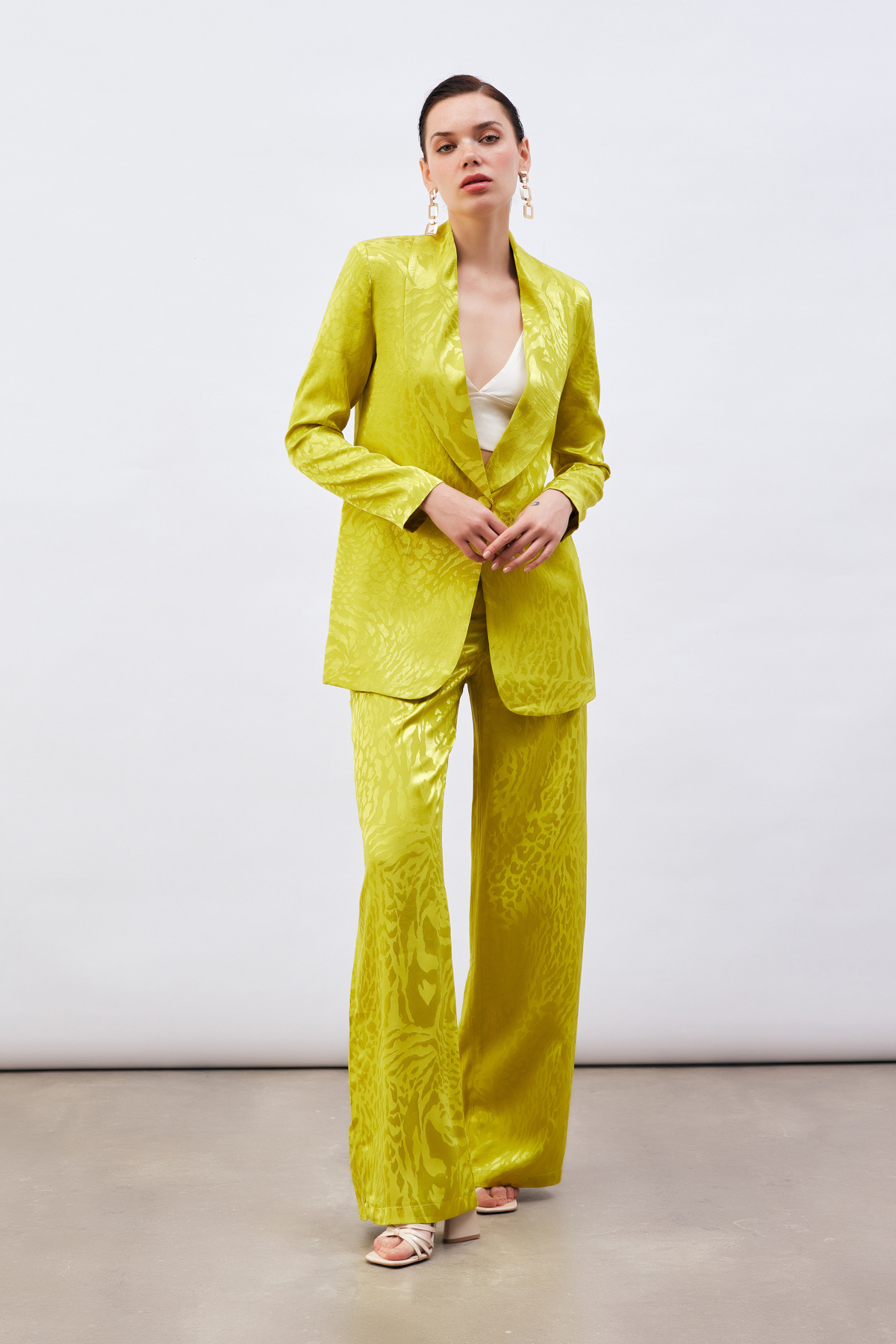 Desenli Saten Pantolon - YAĞ YEŞİLİ