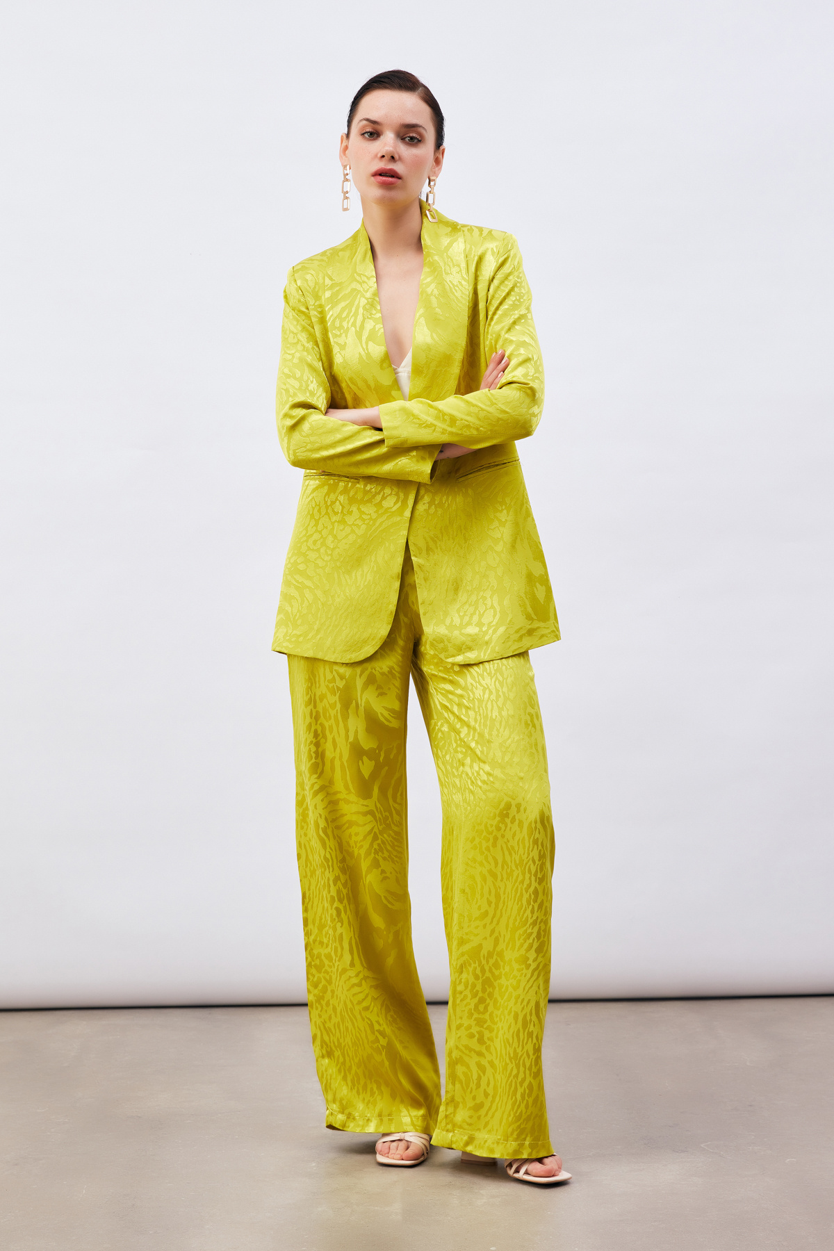 Desenli Saten Pantolon - YAĞ YEŞİLİ