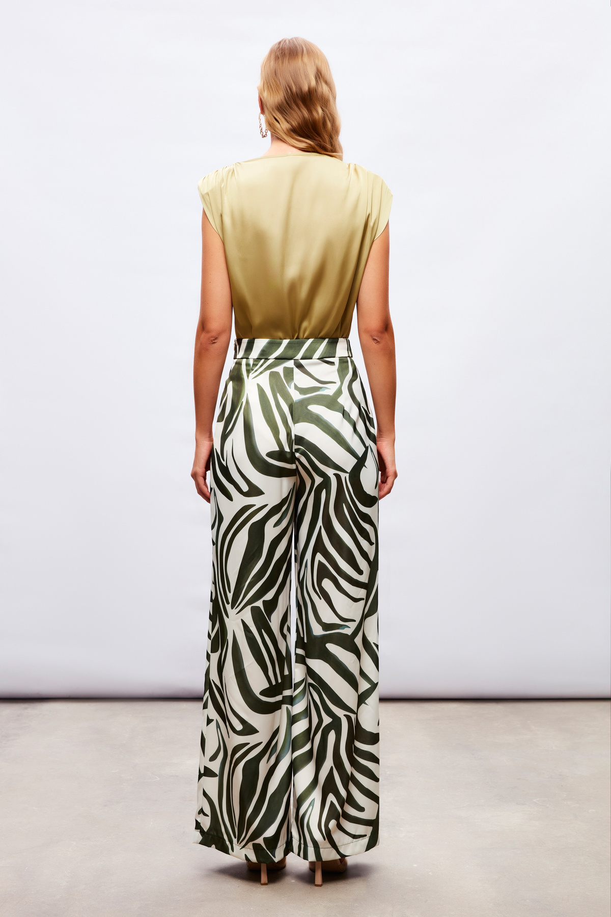 Desenli Saten Pantolon - YEŞİL