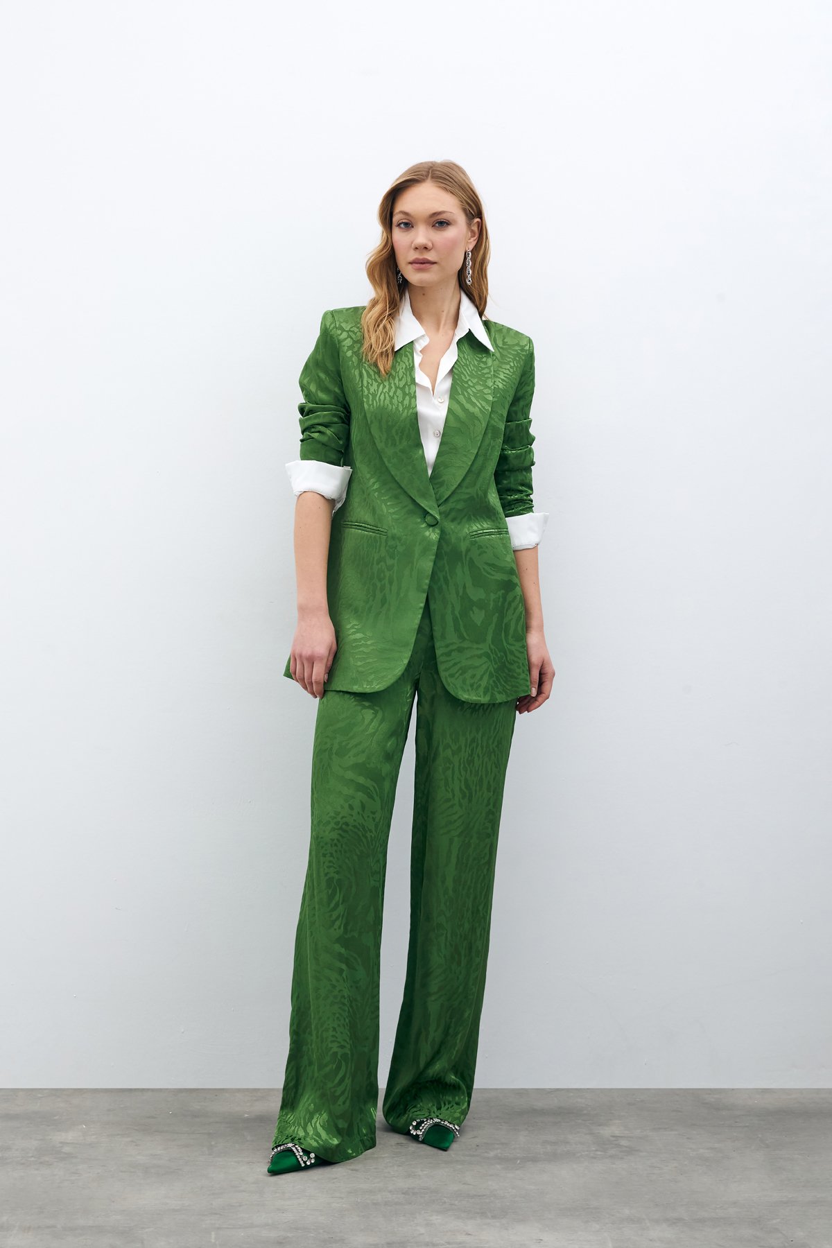 Desenli Saten Pantolon - YEŞİL