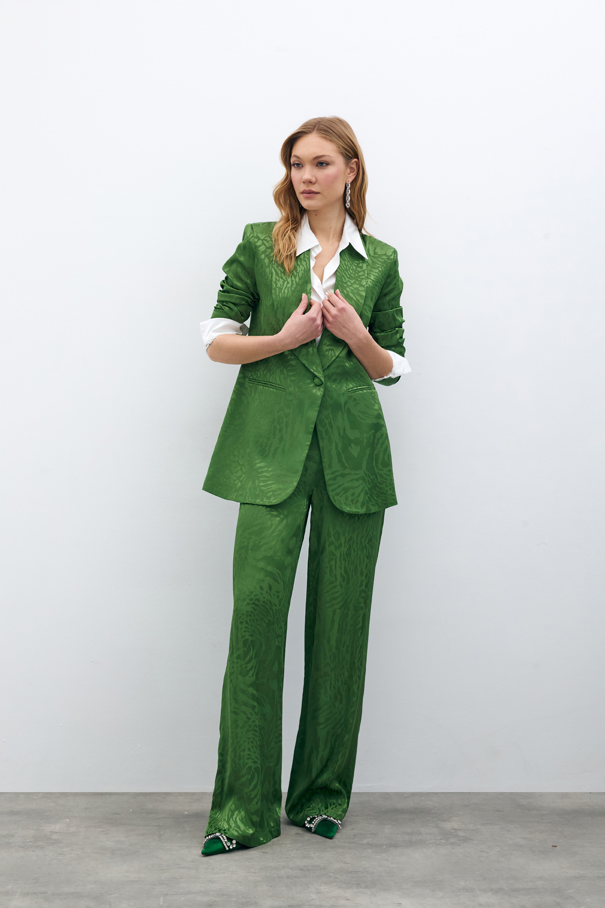 Desenli Saten Pantolon - YEŞİL