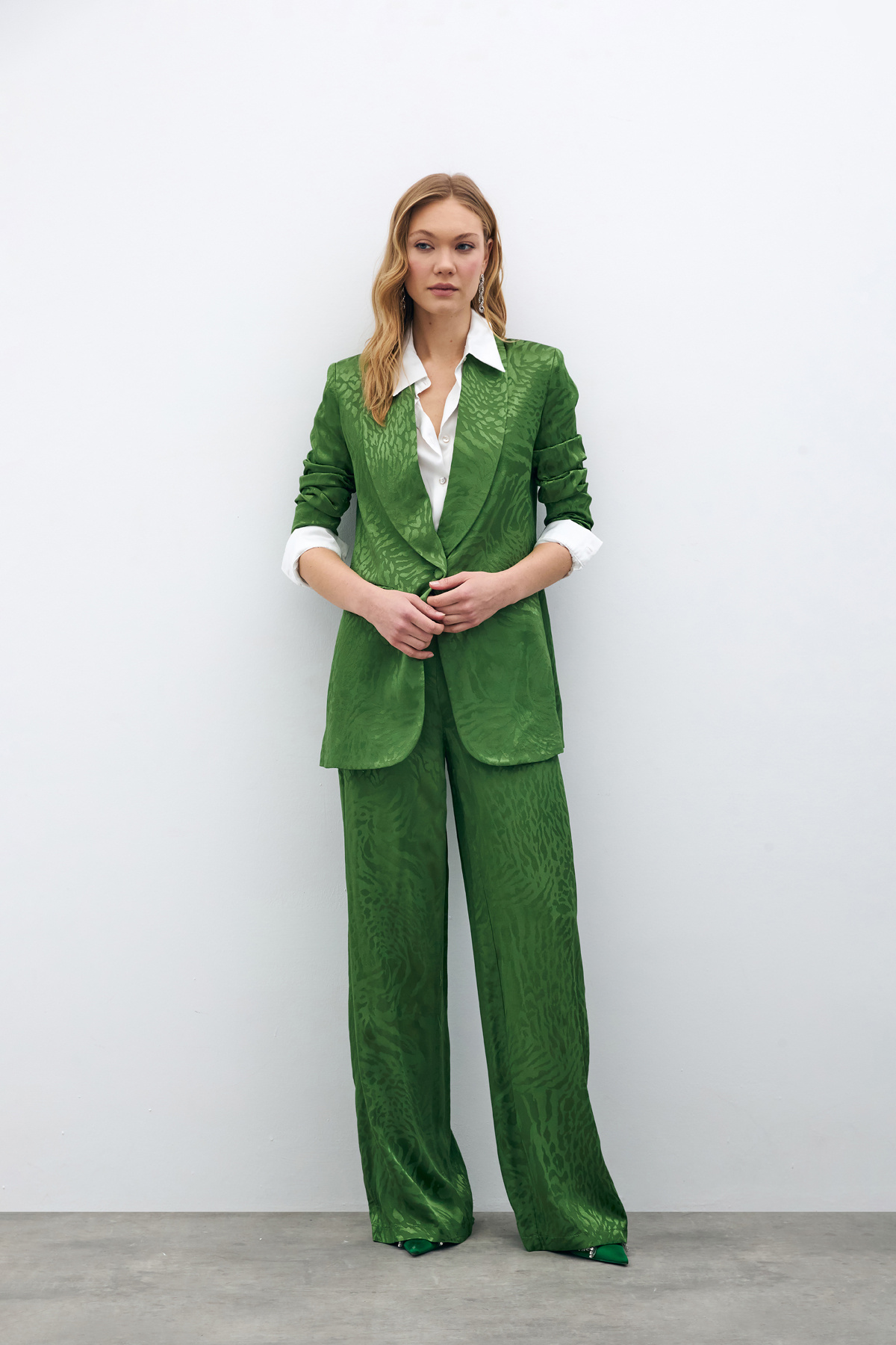 Desenli Saten Pantolon - YEŞİL