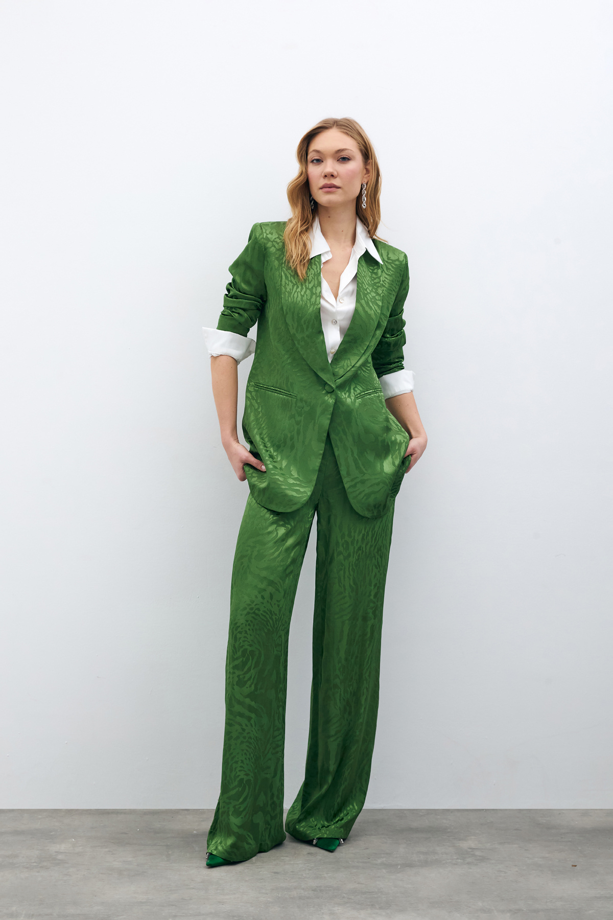 Desenli Saten Pantolon - YEŞİL