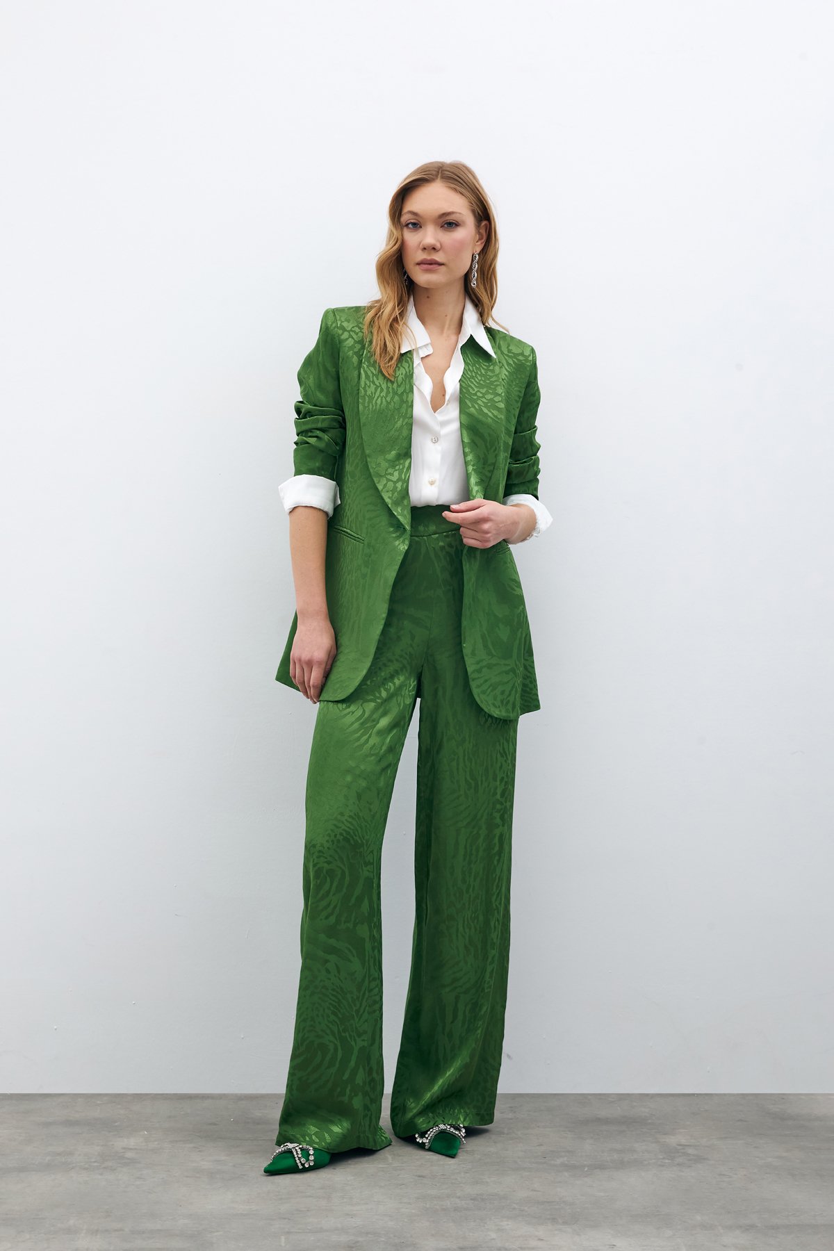 Desenli Saten Pantolon - YEŞİL