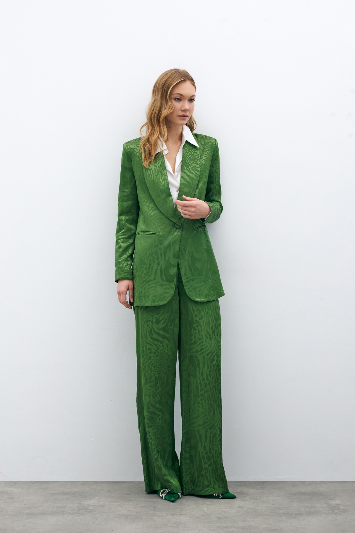 Desenli Saten Pantolon - YEŞİL